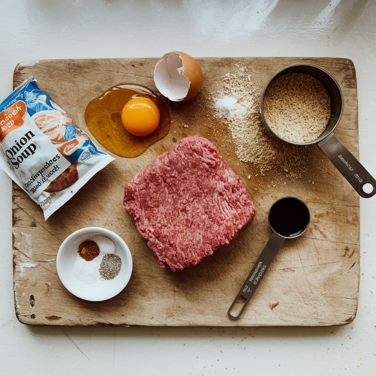 Salisbury steak recipe ingredients, including ground beef, egg, breadcrumbs, and seasonings, arranged on a wooden cutting board