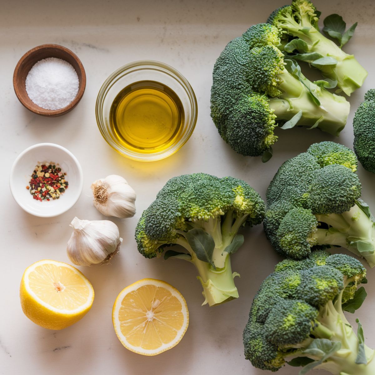 Alton Brown broccoli ingredients including broccoli, olive oil, kosher salt, garlic, and seasonings arranged naturally on a white kitchen counter.