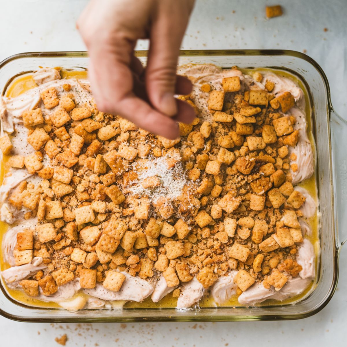 A baking dish filled with poppy seed chicken mixture, topped with crushed crackers, as Parmesan is sprinkled o