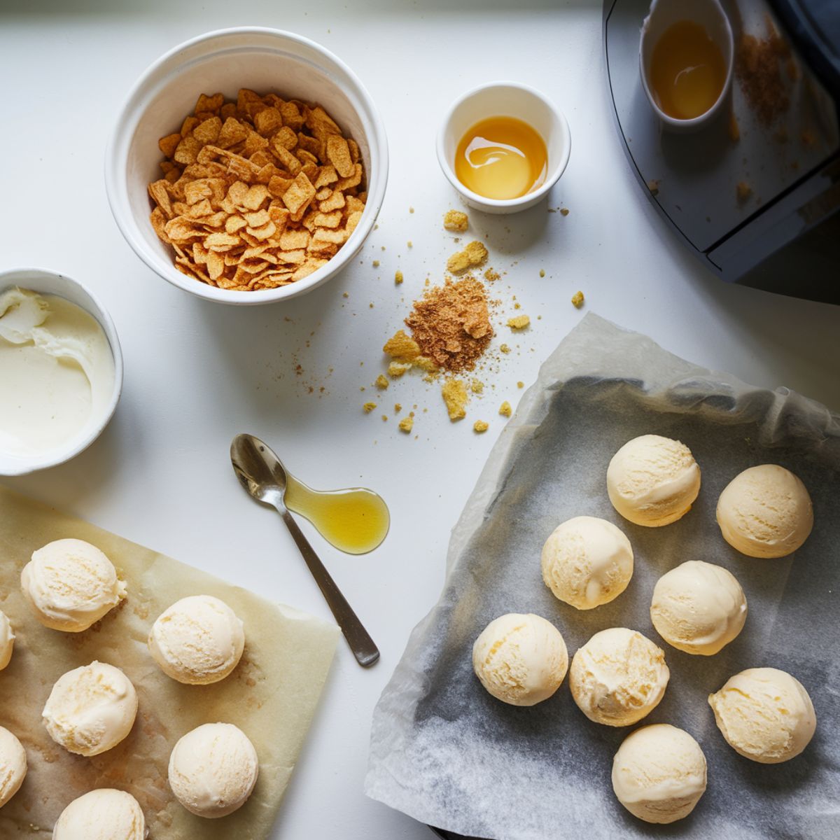 Ingredients for air fryer fried ice cream: crushed cornflakes, cinnamon, egg whites, honey, and frozen vanilla ice cream balls.