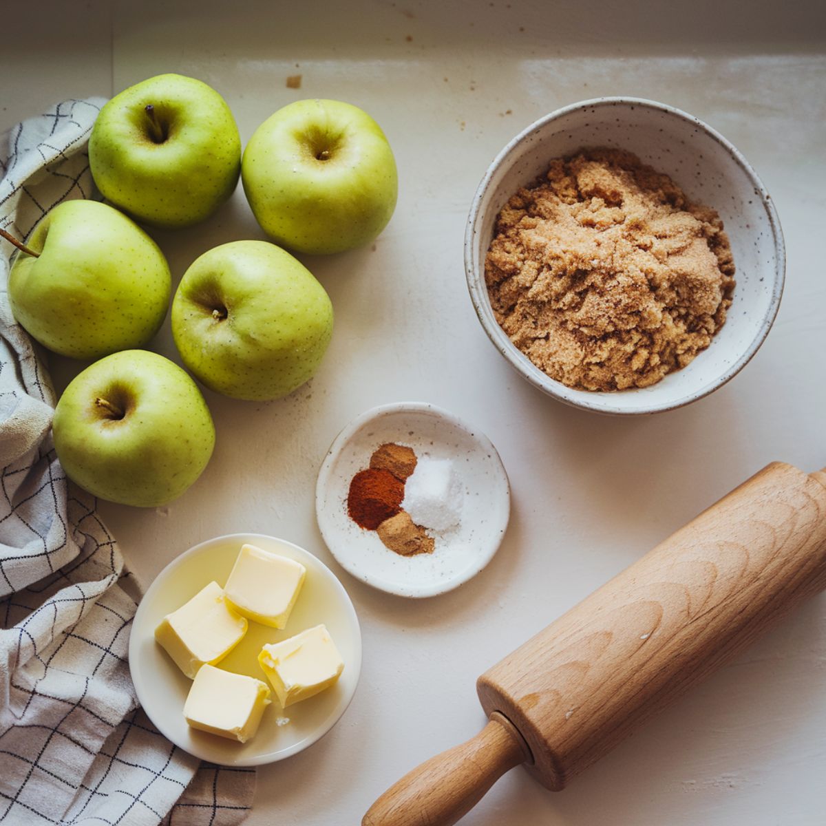 Apple pandowdy ingredients, including Tart apples, brown sugar, cinnamon, nutmeg, butter, and a rolling pin arranged casually on a white kitchen counter.