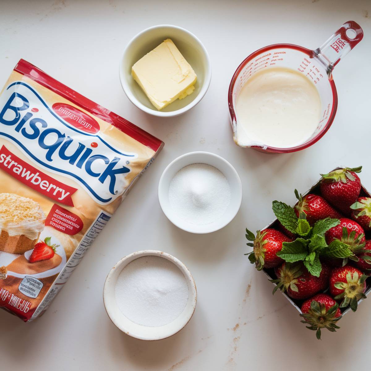 bisquick strawberry shortcake recipe ingredients grated butter, heavy cream, sugar, and fresh strawberries arranged casually on a white kitchen counter.