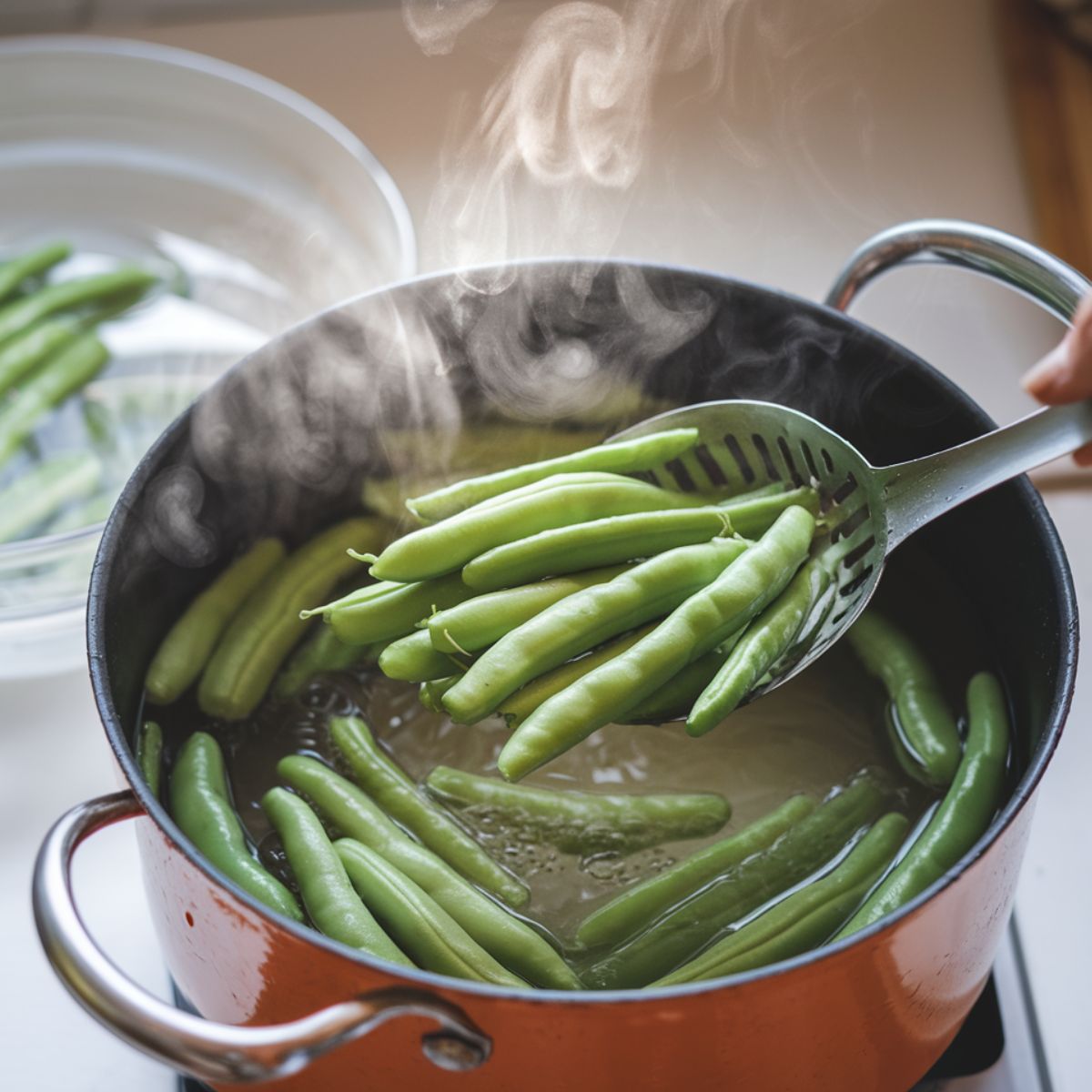 A home cook using a slotted spoon to transfer bright green blanched green beans from a boiling pot of water to an ice bath on a white kitchen counter.