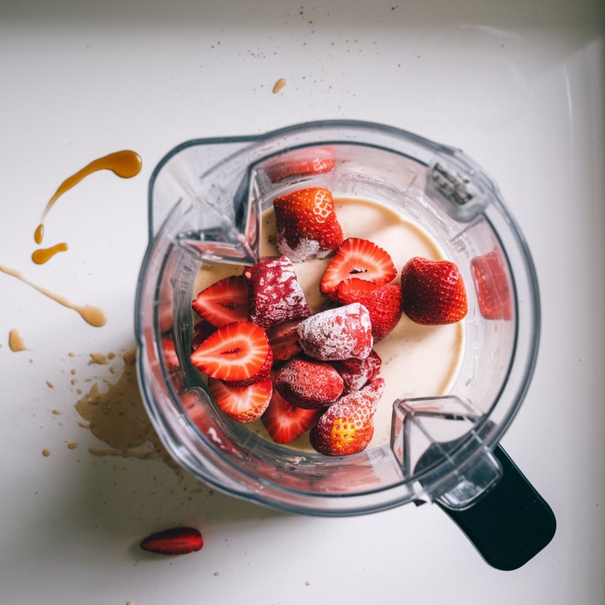 A blender filled with frozen strawberries, almond milk, collagen powder, and maple syrup on a white kitchen counter, ready to blend.