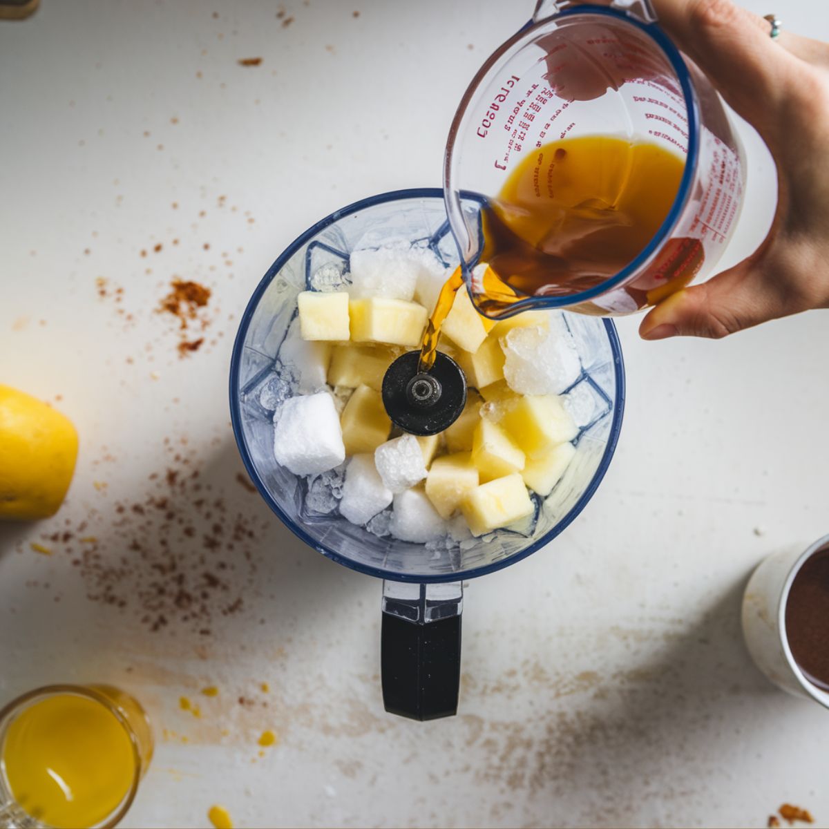 A blender filled with piña colada ingredients, with a hand pouring rum into it on a home kitchen counter.