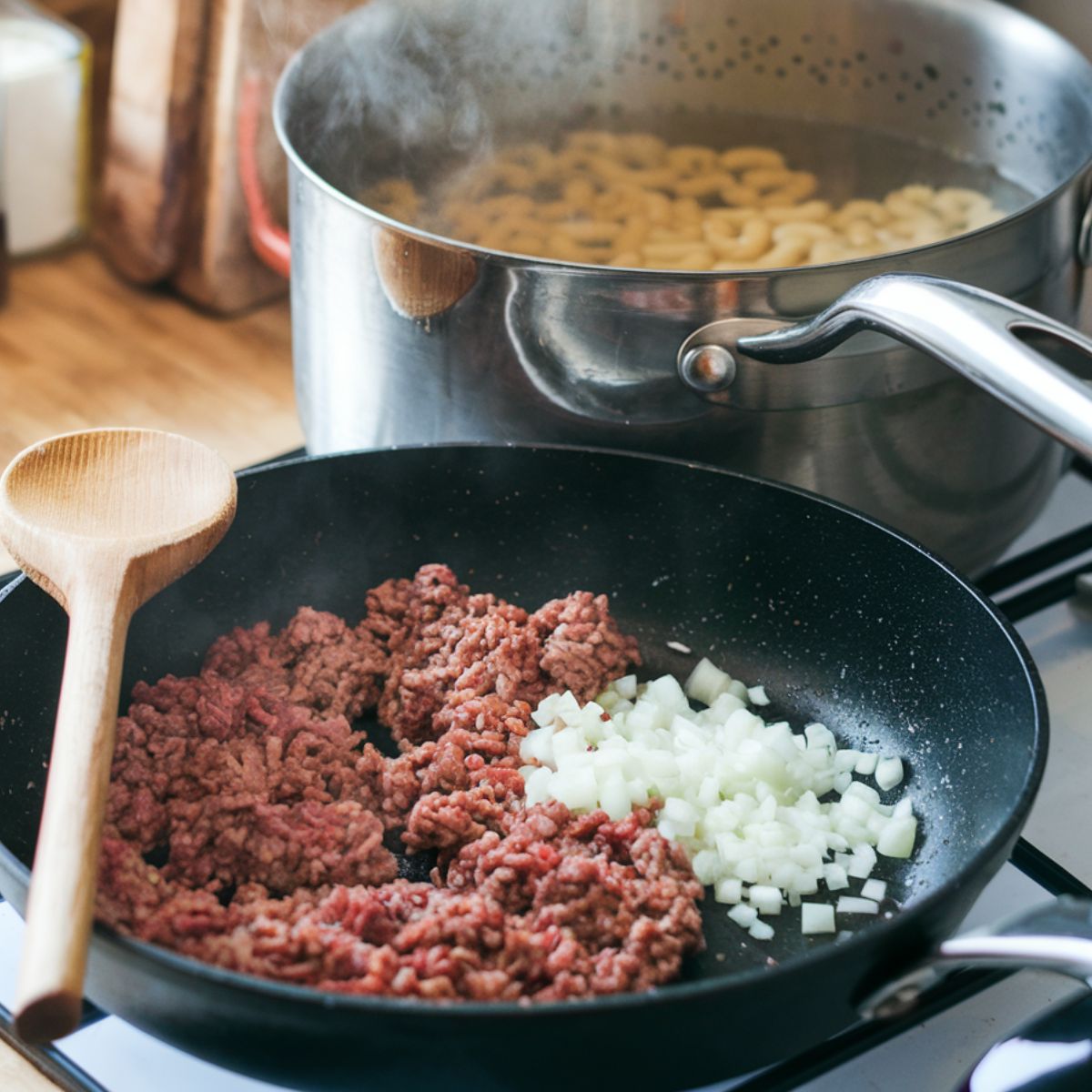 A pot of elbow macaroni boiling next to a skillet with ground beef and onions browning, capturing the first step of making homemade beefaroni.