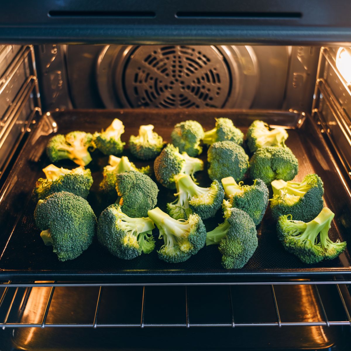 Broccoli florets spread on a hot dark baking sheet inside an oven, starting to sizzle and roast.