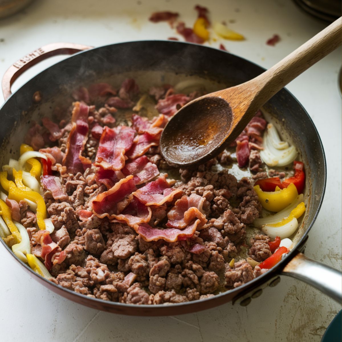 A skillet with ground beef, bacon, onions, and peppers cooking together on a white kitchen counter, with a wooden spoon stirring the mixture.