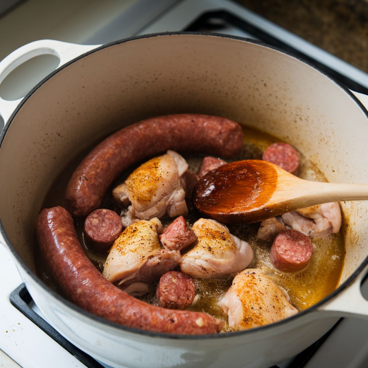 ndouille sausage and cubed chicken thighs sizzling in a Dutch oven, with a wooden spoon stirring them on a white stovetop.