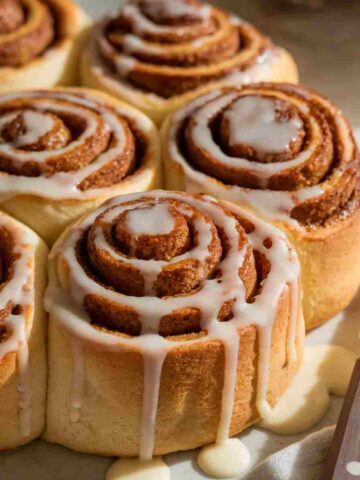 A fresh batch of golden-brown homemade cinnamon rolls with cream cheese frosting.