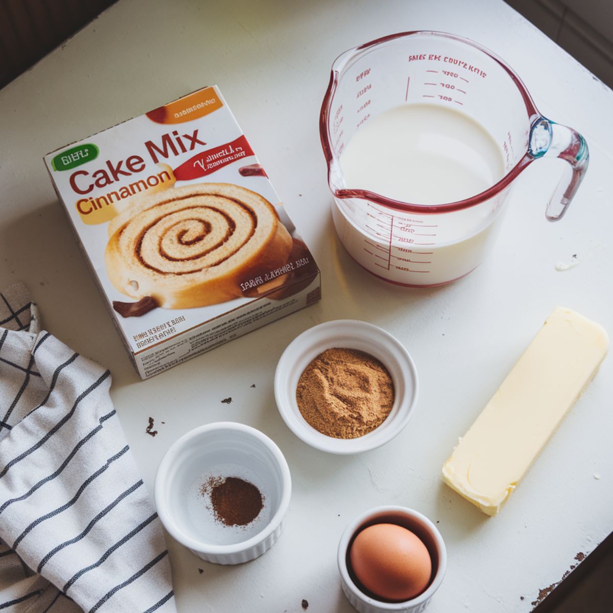 cake mix cinnamon rolls ingredients laid out on a white kitchen counter, including cake mix, milk, butter, and cinnamon.