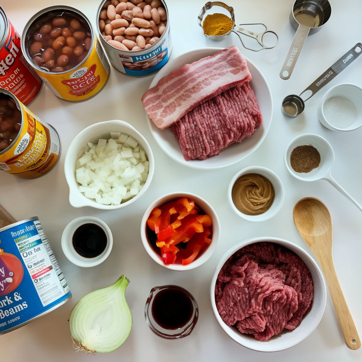 A top-down view of calico beans recipe ingredients, including canned beans, raw bacon, ground beef, onions, peppers, and seasonings on a white kitchen counter.