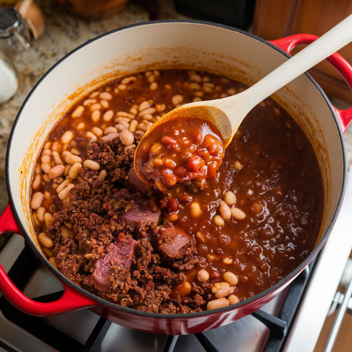 calico beans Recipe simmering with a thick, bubbling sauce, with a wooden spoon lifting a spoonful, on a white kitchen counter.