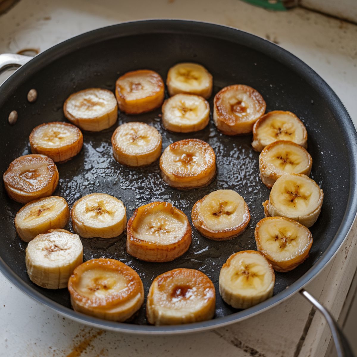 Golden brown caramelized fried banana slices in a pan, just flipped, showing crispy edges and a light sugar glaze.