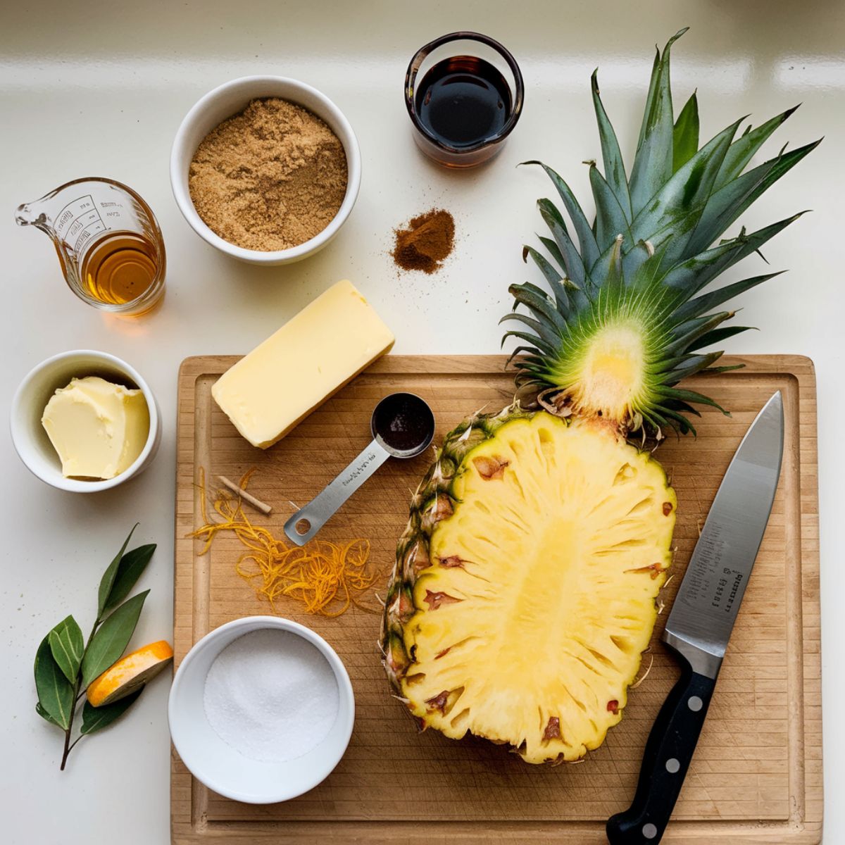 caramelized-pineapple-ingredients : Fresh pineapple, brown sugar, butter, vanilla, and optional spices arranged on a cutting board for caramelized pineapple.