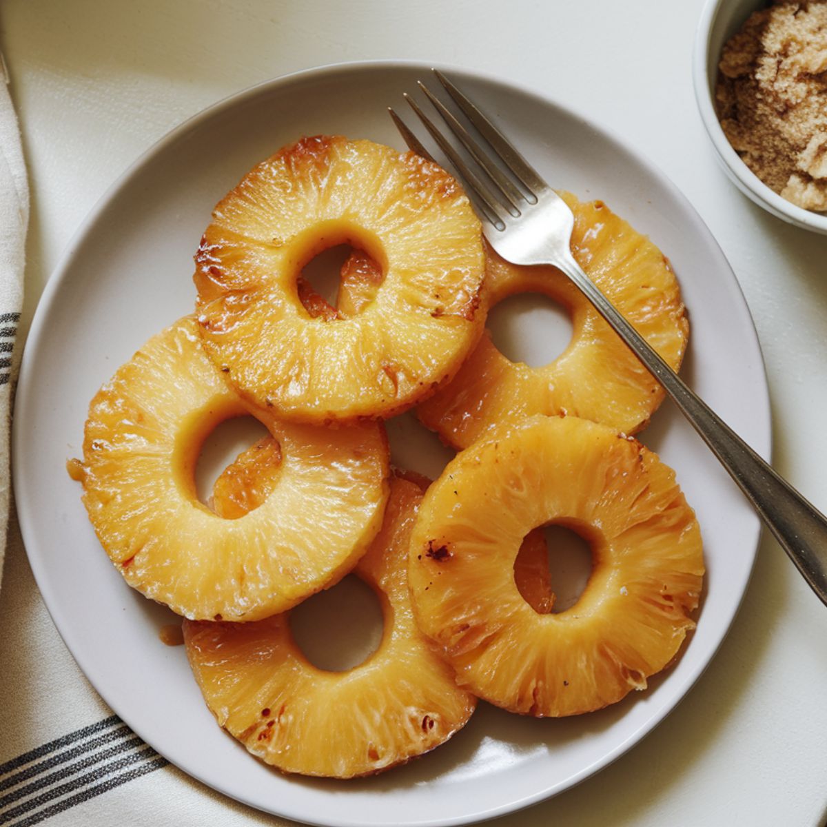 Plate of homemade caramelized pineapple rings with golden edges, a fork, and brown sugar on a white kitchen counter.