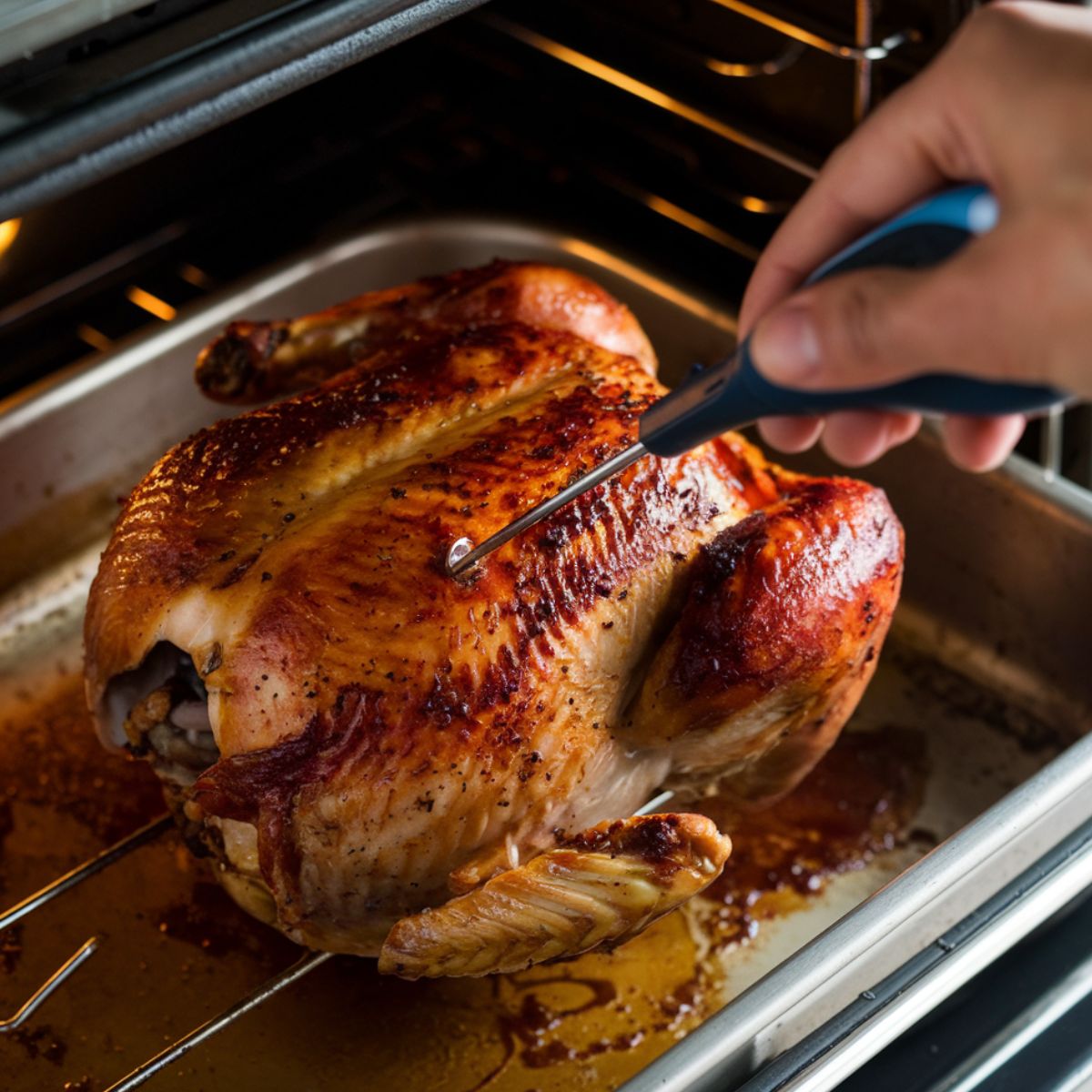 A close-up of a meat thermometer inserted into a golden-brown rotisserie chicken in the oven, showing its temperature.