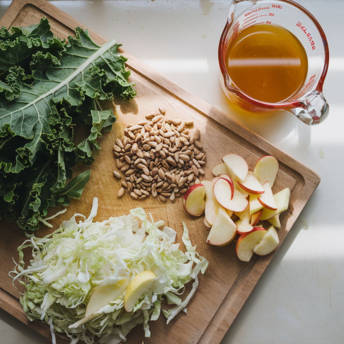 chick fil a kale salad ingredients, shredded cabbage, nuts, and apple chips on a wooden cutting board, with a glass measuring cup of dressing on a white kitchen counter.