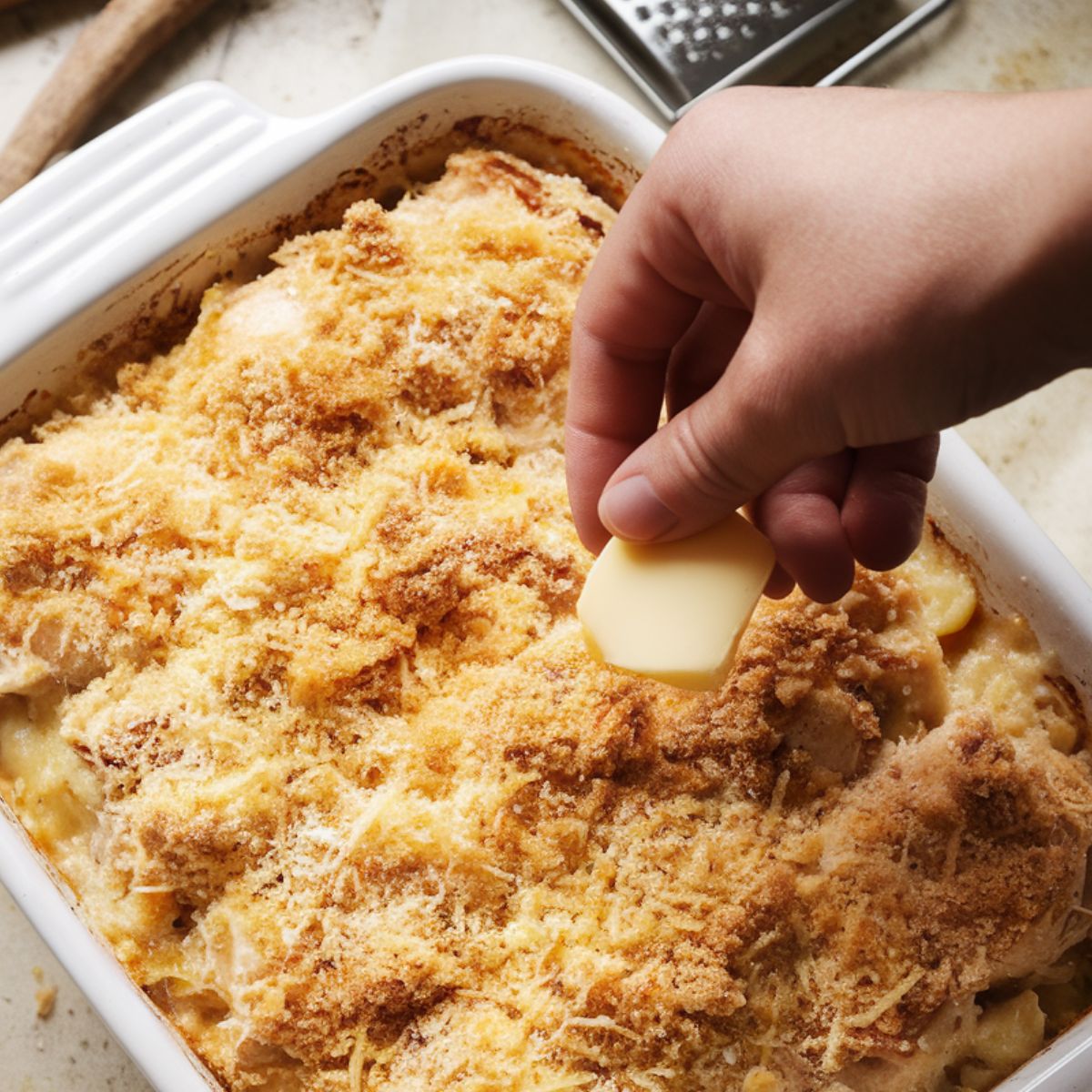 Unbaked chicken tetrazzini in a white baking dish, topped with Parmesan and breadcrumbs, with a hand sprinkling melted butter for a crispy finish.