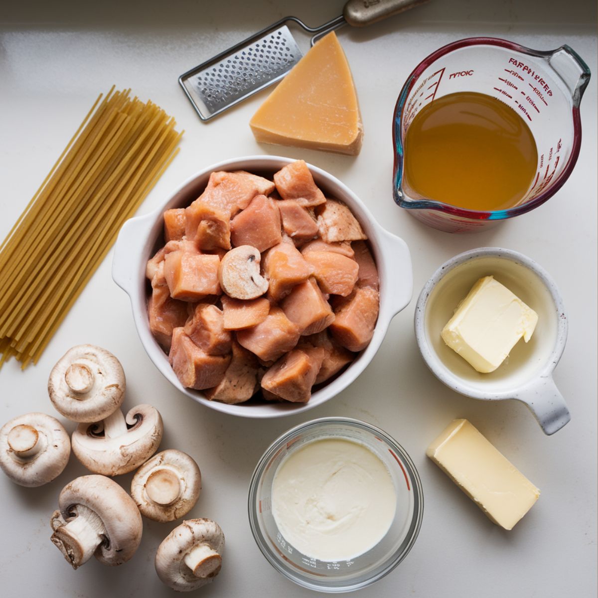 Flat lay of raw chicken tetrazzini recipe ingredients, linguine pasta, mushrooms, Parmesan cheese.