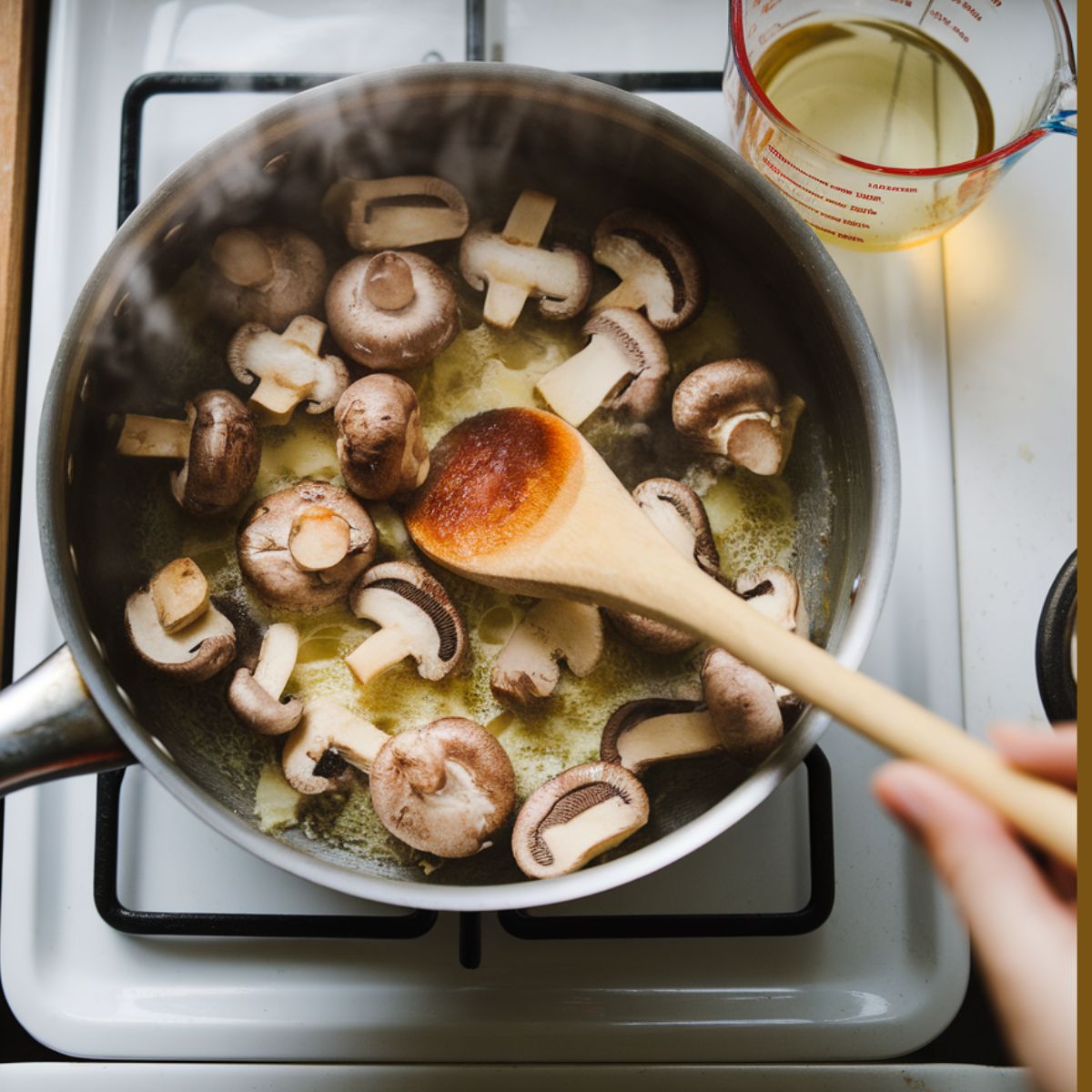 Sautéed mushrooms in a saucepan with butter, a wooden spoon stirring, steam rising, and nearby ingredients for making homemade tetrazzini sauce.