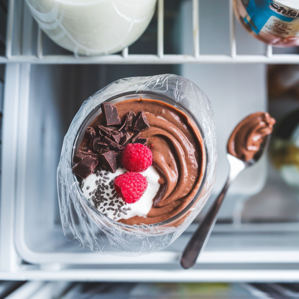 A freshly made chocolate protein pudding in a glass bowl, covered with plastic wrap, chilling in the fridge with a spoon nearby, topped with raspberries, chia seeds, and dark chocolate chunks.