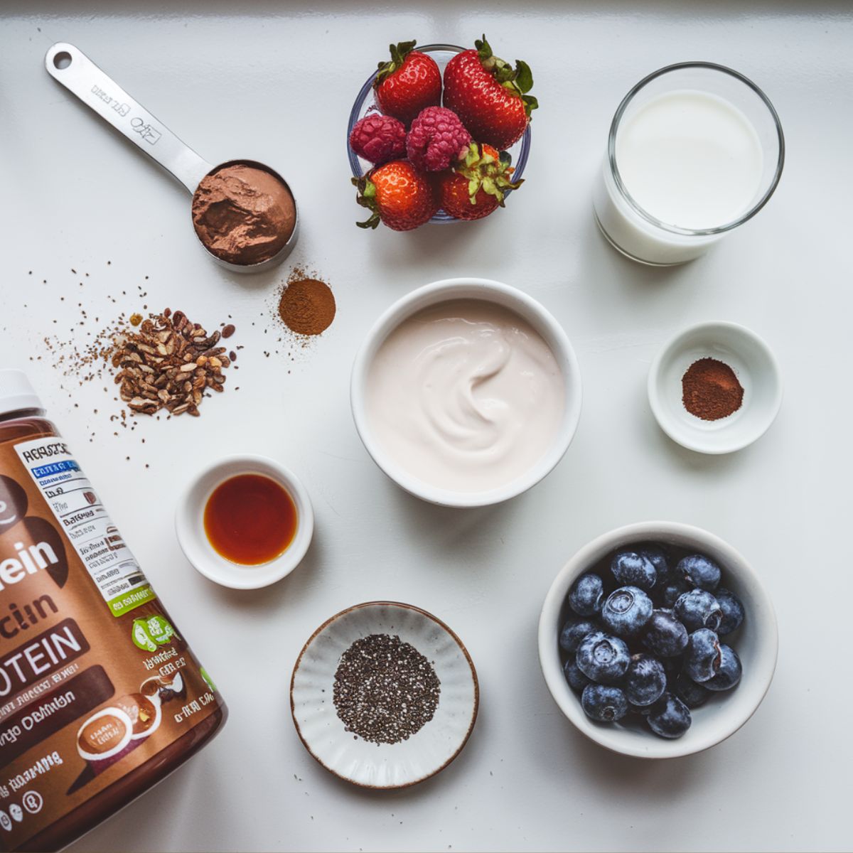 An overhead view of chocolate protein pudding ingredients, including protein powder, Greek yogurt, cocoa powder, almond milk, chia seeds, and a ramkin of fresh berries arranged on a white kitchen counter.