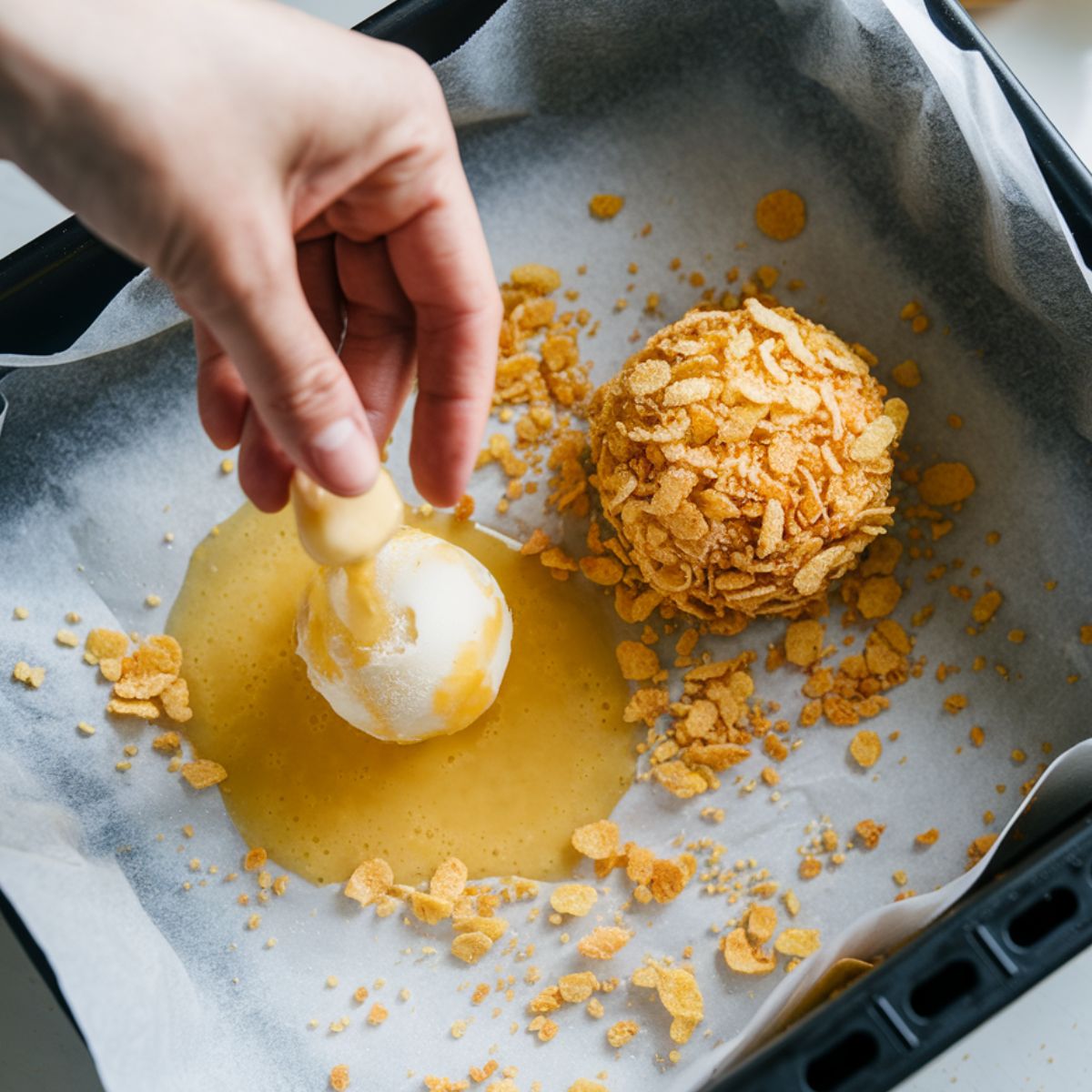 A hand dipping a frozen ice cream ball into an egg wash, with a coated ball beside it on parchment paper.