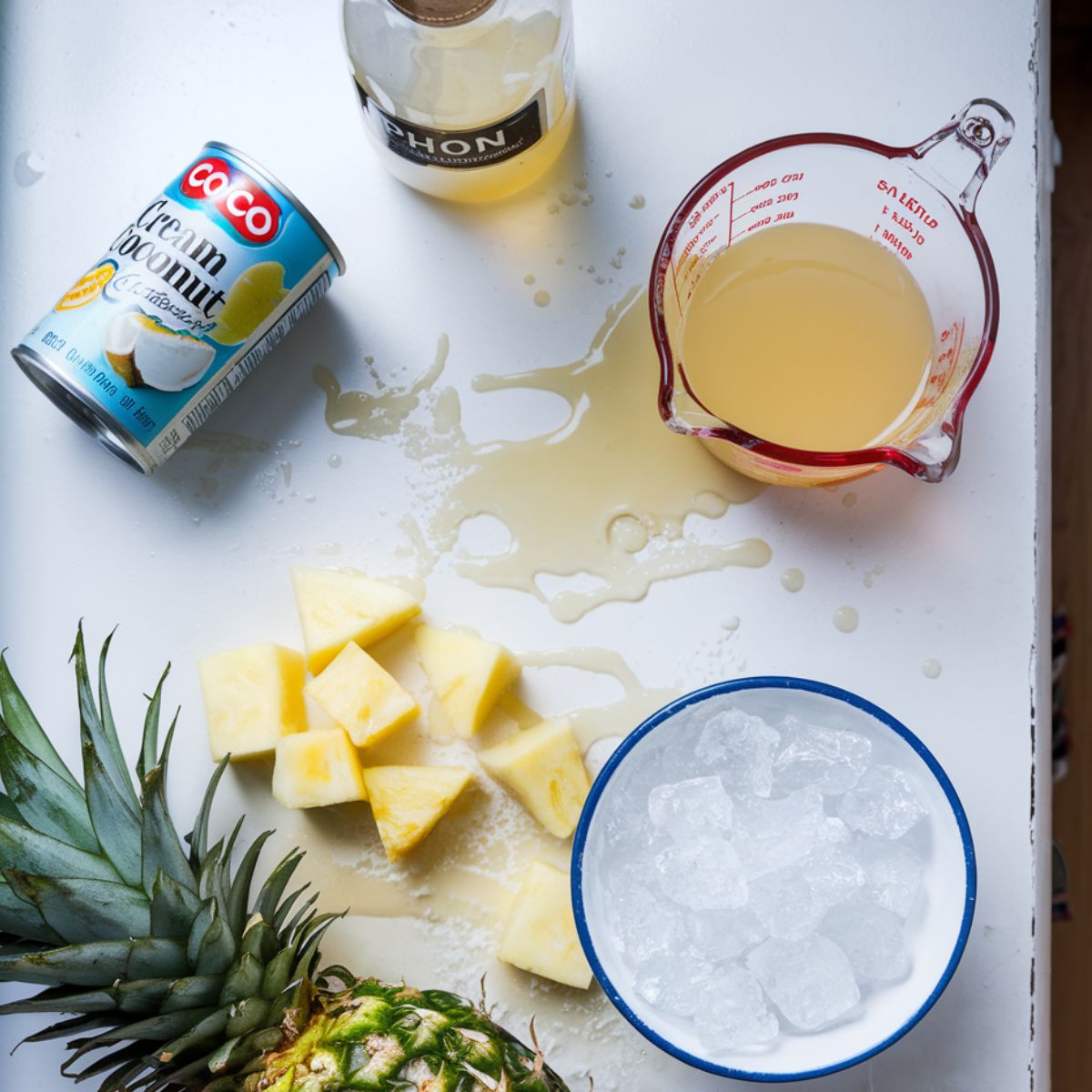 Coco Lopez Pina Colada Recipe Ingredients including Coco Lopez cream of coconut, rum, pineapple, and crushed ice spread out on a kitchen counter.