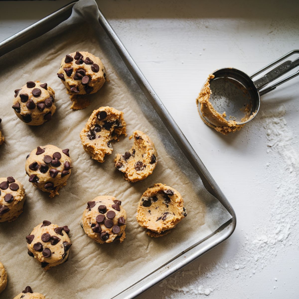 Scoops of nestles chocolate chip cookie dough placed on a parchment-lined baking sheet, ready to bake.