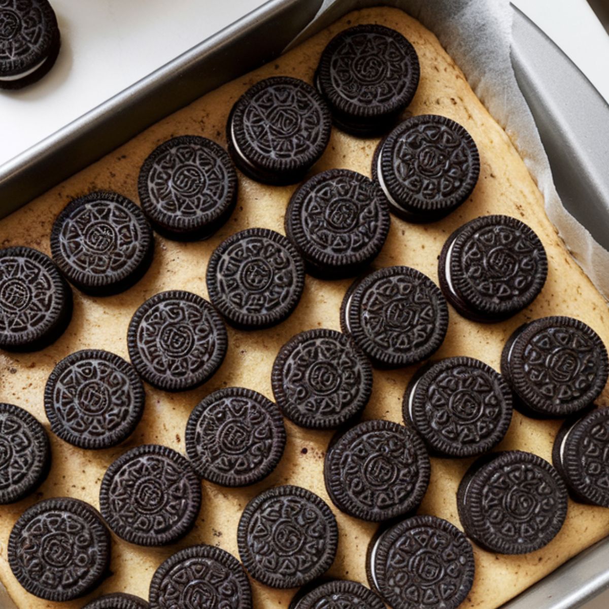 A 9x13 pan with pressed cookie dough and neatly arranged Oreos on top, sitting on a white kitchen counter with extra cookies nearby.