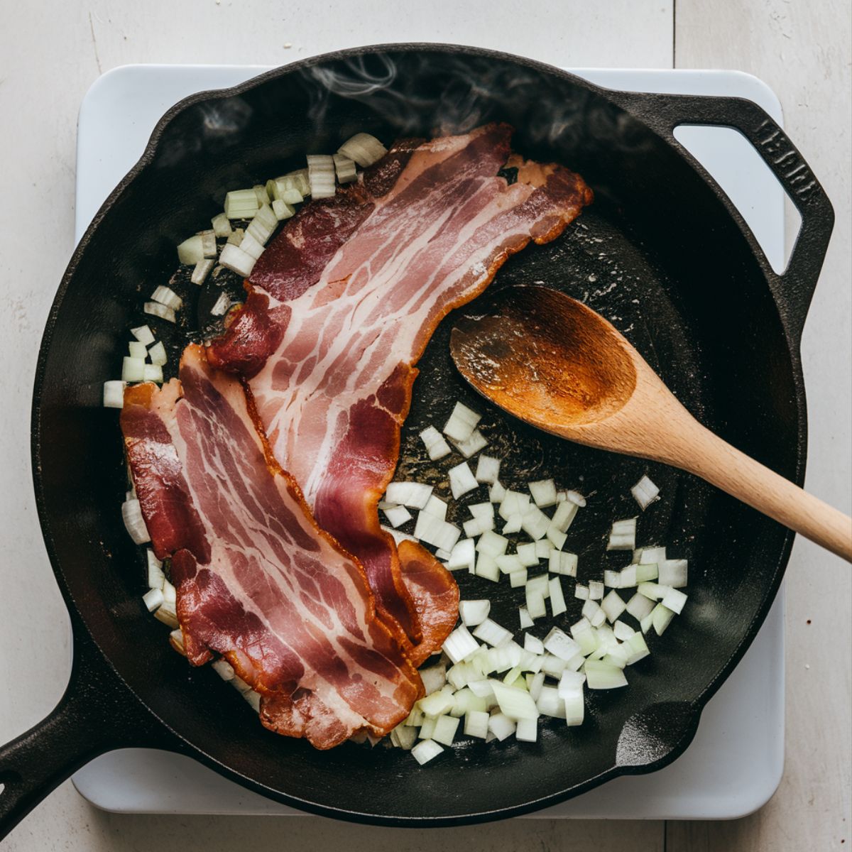 Bacon sizzling in a cast-iron skillet with onions cooking in the fat, stirred with a wooden spoon.