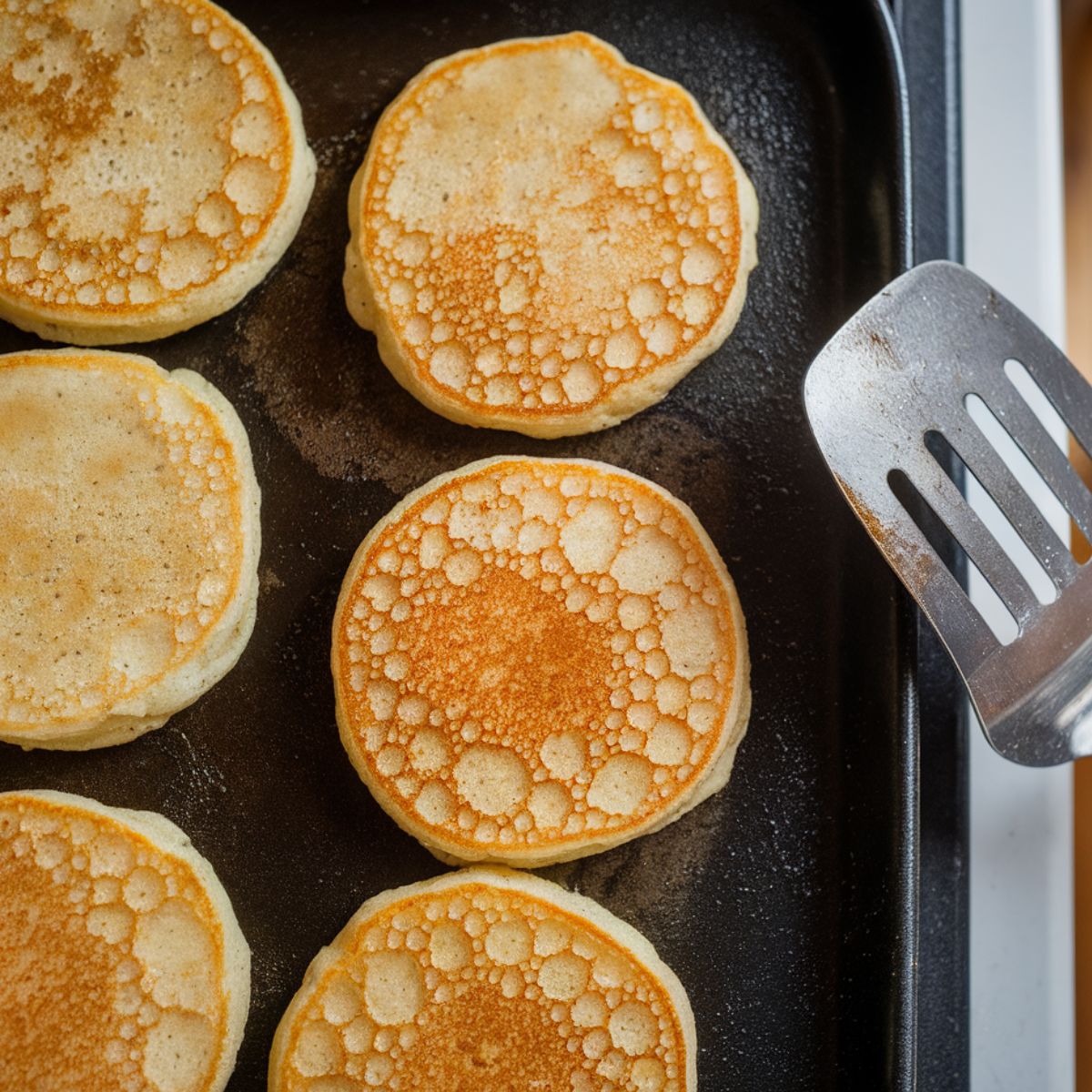 Hotcakes cooking on a stovetop griddle, with bubbles forming on the surface, ready to be flipped. A spatula rests beside them on the white kitchen counter.