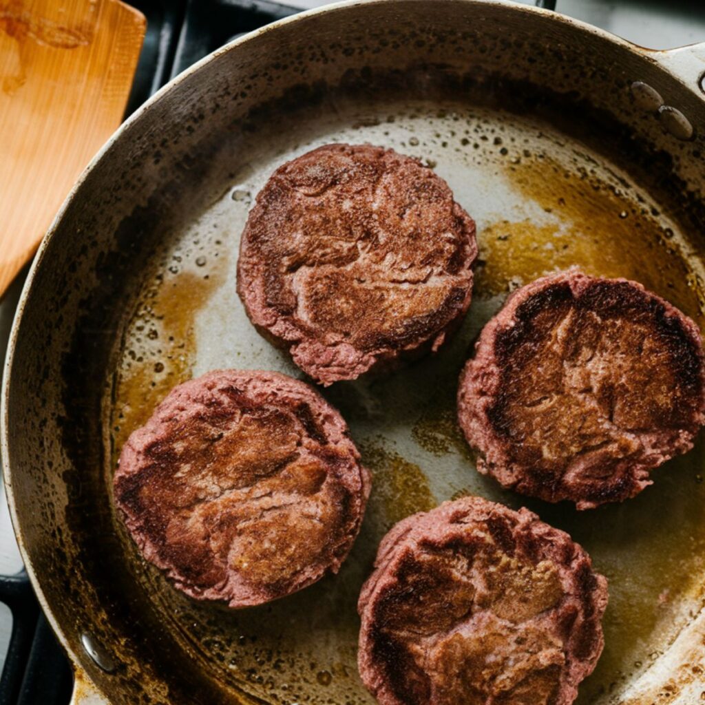 Salisbury steak patties browning in a cast iron skillet with a wooden spatula nearby on the stove.