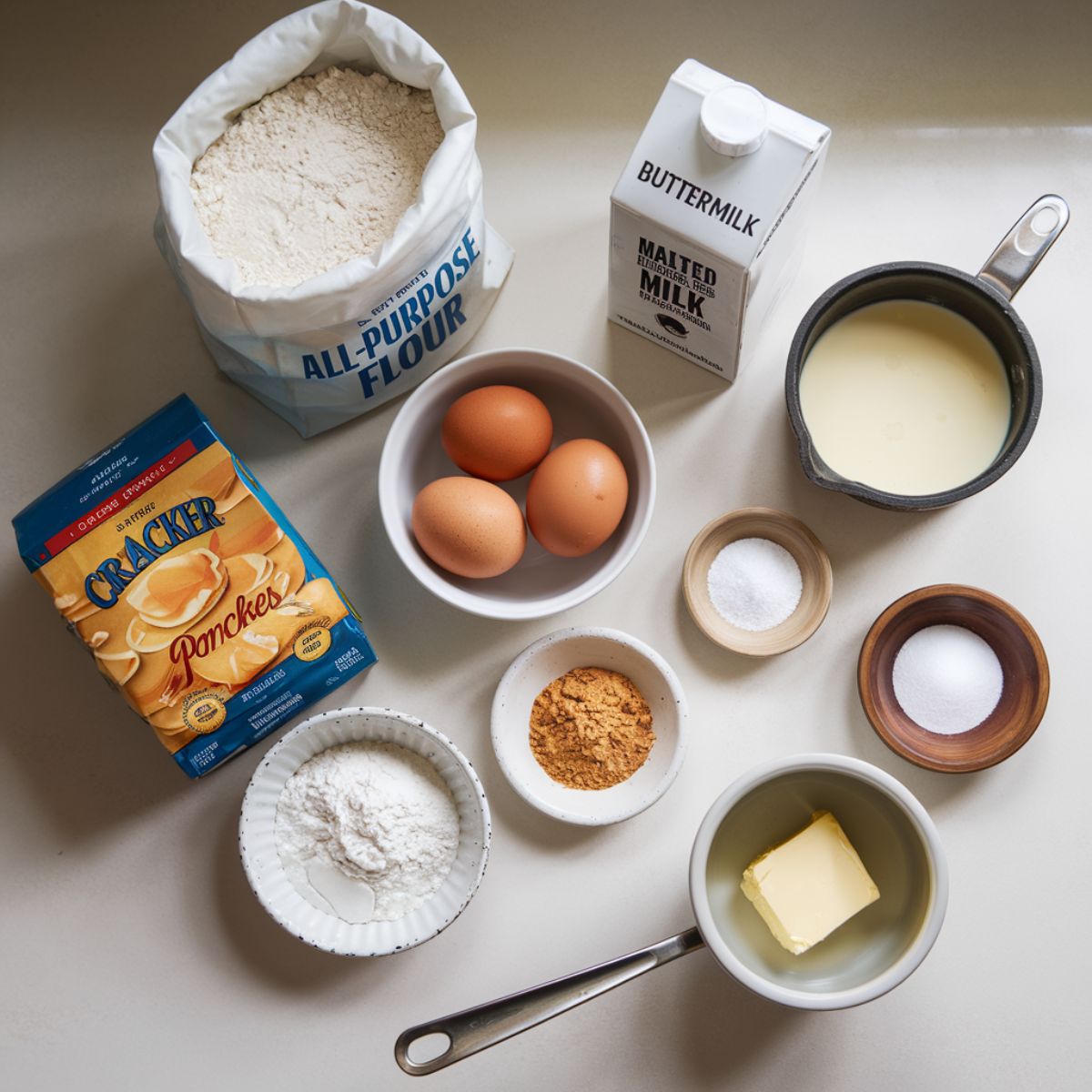 Cracker Barrel pancake Recipe Ingredients: flour, buttermilk, eggs, malted milk powder, melted butter, sugar, baking powder, and salt arranged on a kitchen counter.