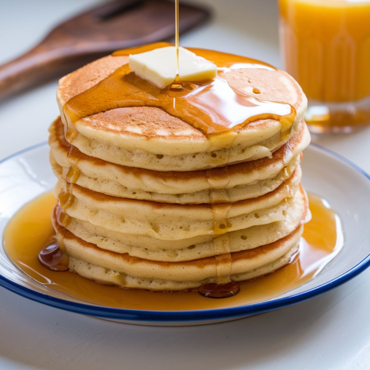 A stack of fluffy, golden pancakes drizzled with maple syrup and butter, served on a white plate. Perfect homemade Cracker Barrel-style pancakes on a kitchen counter.