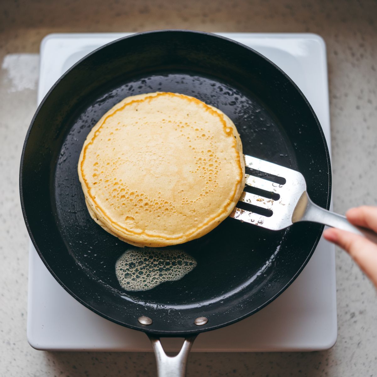 A golden pancake mid-flip in a skillet, with bubbles forming on the edges. Perfectly cooked Cracker Barrel-style pancakes in progress.