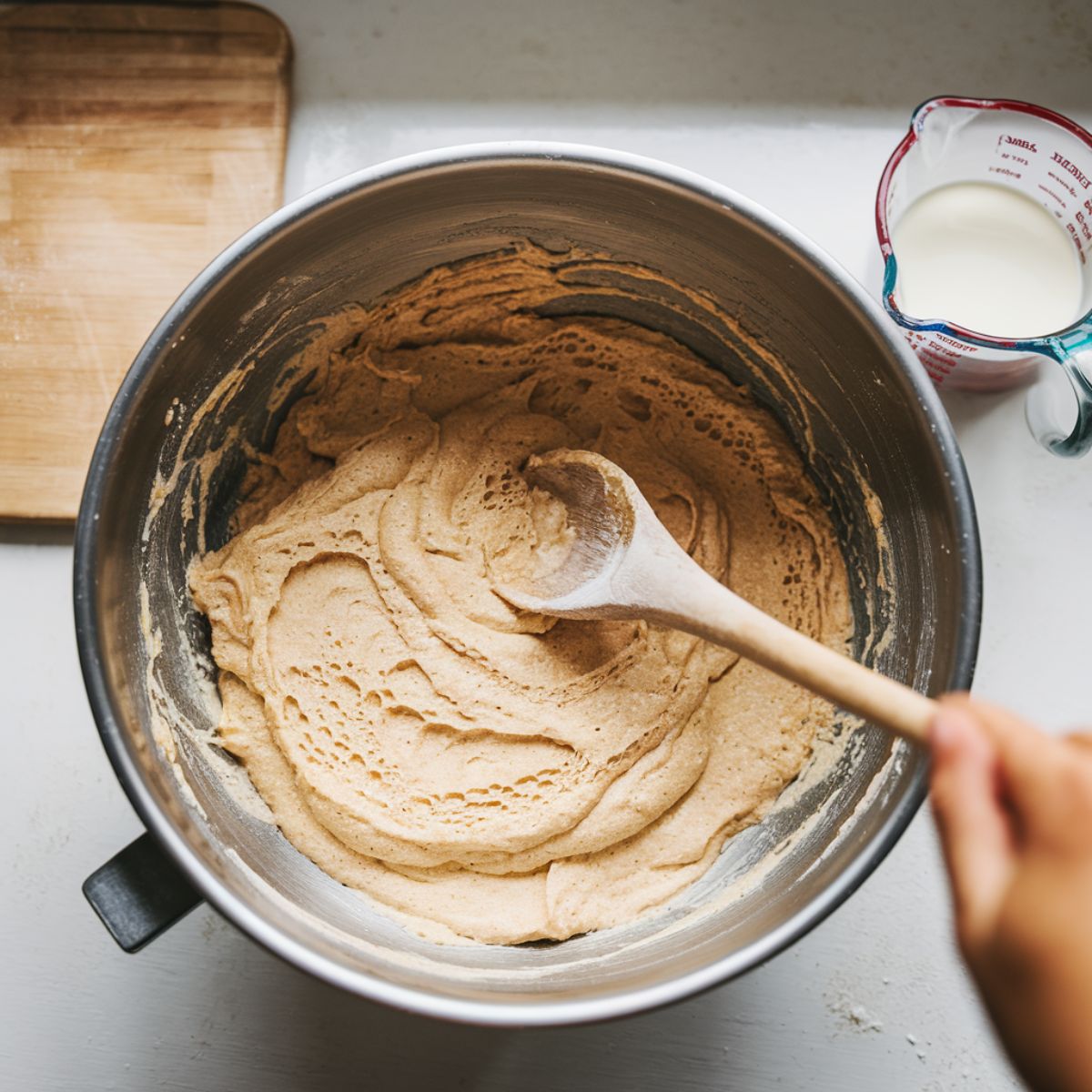 Pancake batter being gently folded in a mixing bowl, showing a slightly lumpy texture. Perfect for fluffy Cracker Barrel-style pancakes.