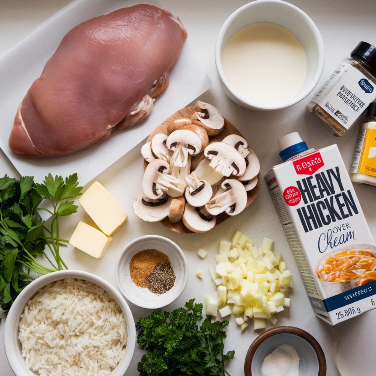 Fresh ingredients for creamed chicken over rice, including raw chicken, white rice, cream, mushrooms, onions, and seasonings, laid out on a white counter.