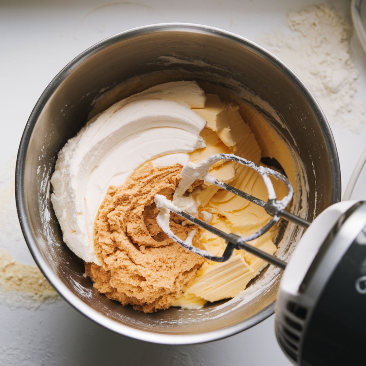 Softened butter and sugar being mixed in a bowl, creating a smooth, fluffy texture for cookie dough.