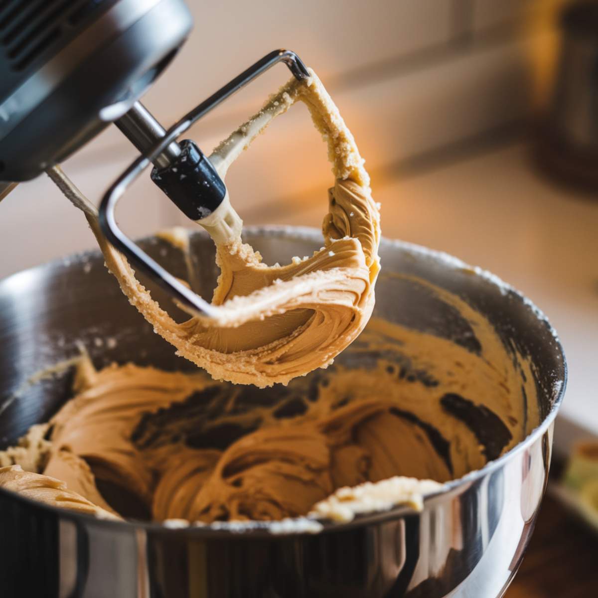 A close-up of creamed butter and brown sugar in a mixing bowl with a hand mixer partially visible, showing a light, fluffy texture.