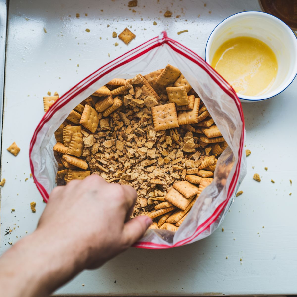 A zip-top bag of crushed crackers on a kitchen counter, with a hand pressing down to break them into small pieces.