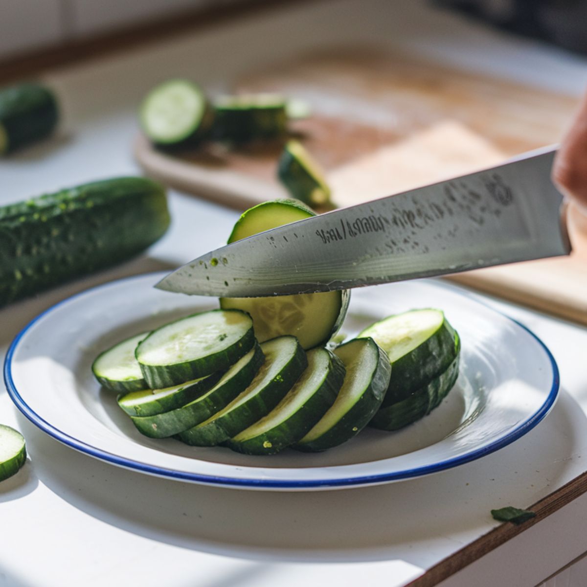 Smashing cucumbers with a cleaver for Din Tai Fung cucumber salad, on a white kitchen counter with a natural, homemade feel.