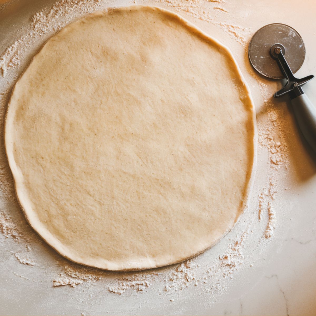 Rolled-out pizza dough on a floured kitchen counter with a pizza cutter beside it, ready to be cut into cinnamon sticks.