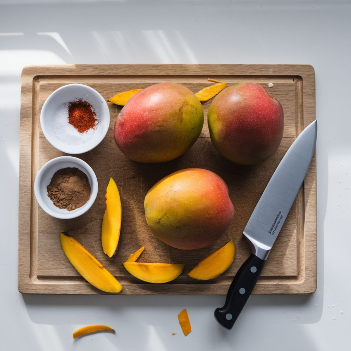 Fresh ripe mangoes, one half-peeled, on a wooden cutting board with small bowls of seasonings like chili powder, cinnamon, and Tajín, with a knife nearby.