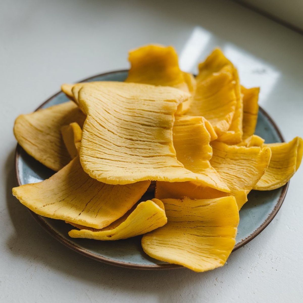 Homemade dehydrated mango slices on a rustic plate with natural wrinkles and golden hues.