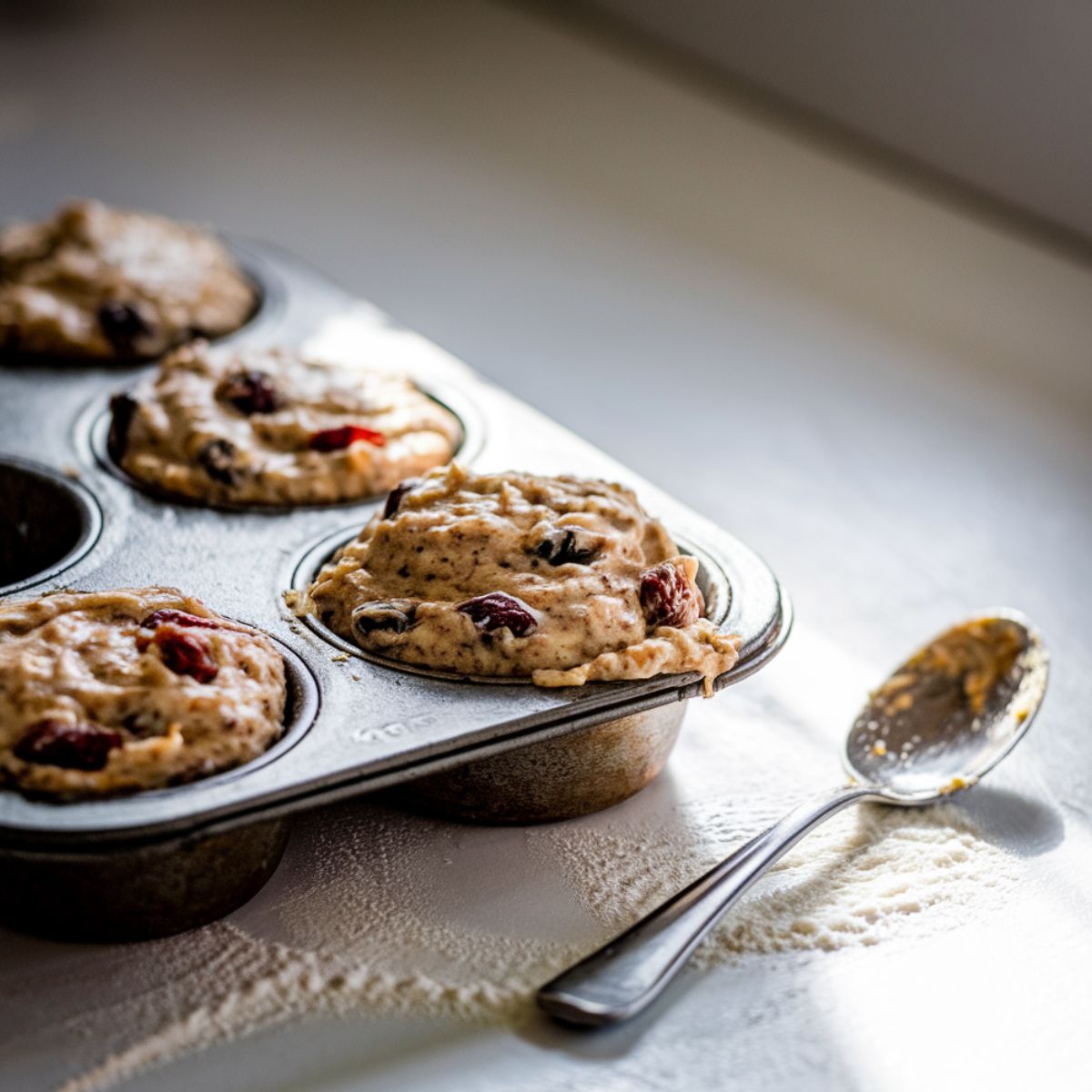 A muffin tin filled with raisin bran muffin batter, ready to bake, with a spoon resting on the counter and a small drip of batter nearby.