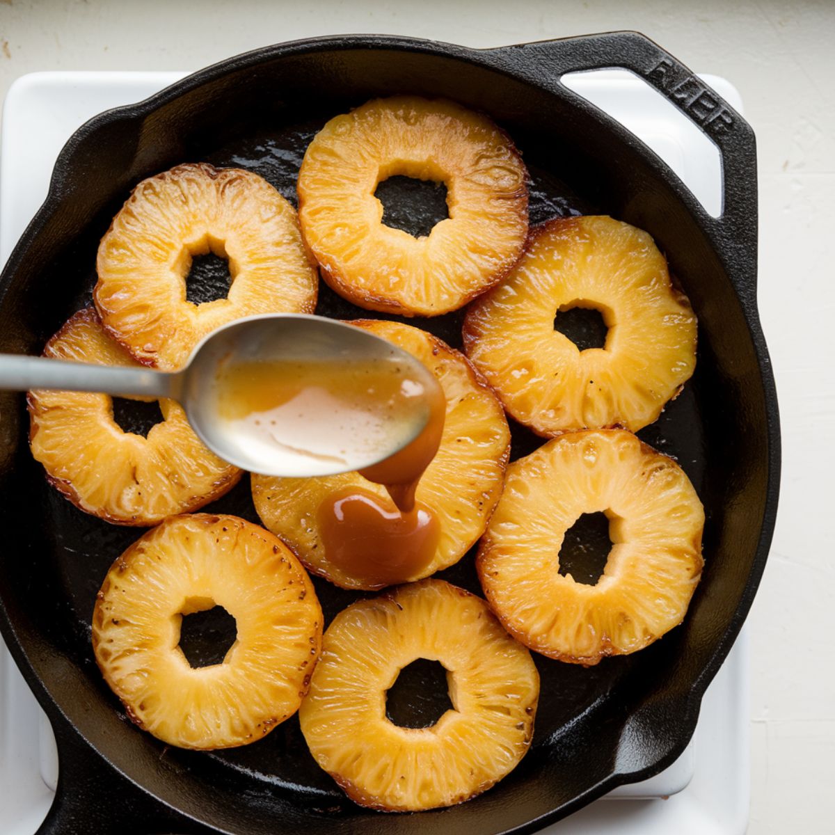 Golden caramelized pineapple in a skillet, with a spoon drizzling sauce over the tender pieces.