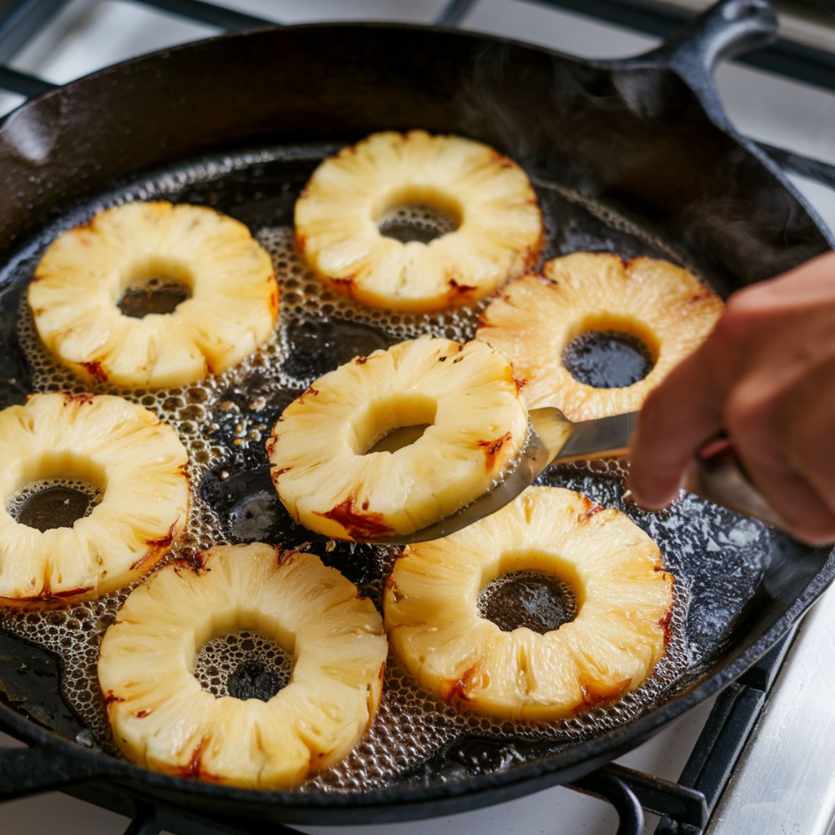 Pineapple slices caramelizing in butter and sugar in a cast iron skillet, with a hand flipping one piece.