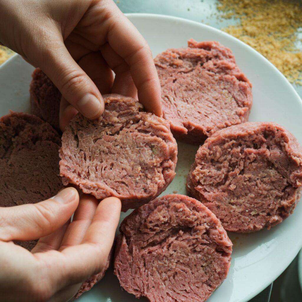 Hannah Cooking hands forming homemade Salisbury steak patties on a white plate with breadcrumbs scattered on the counter.